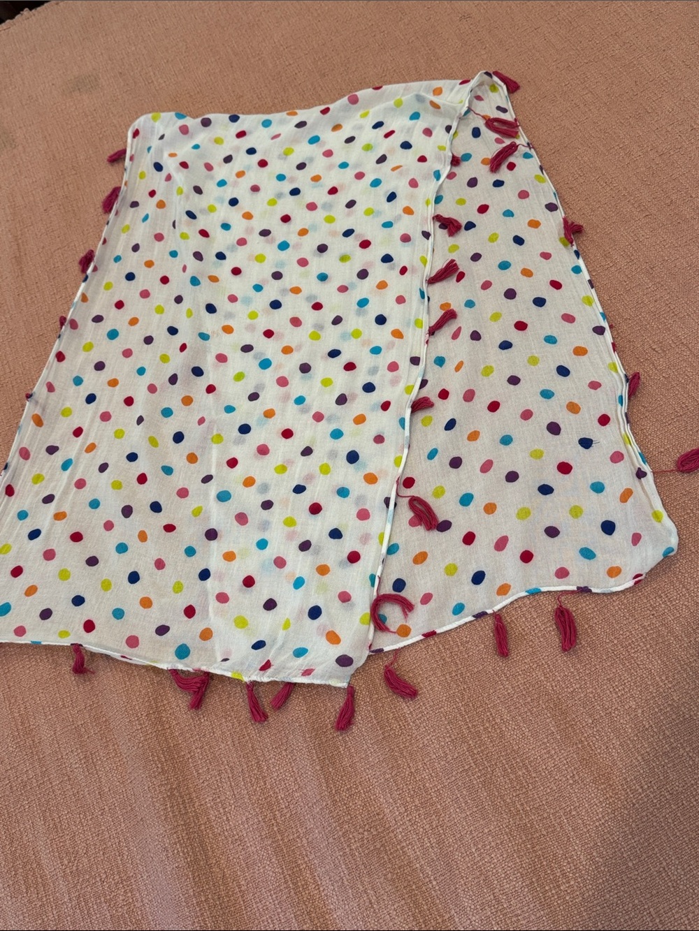 Lands' End White Polka Dot scarf with Magenta Tassels